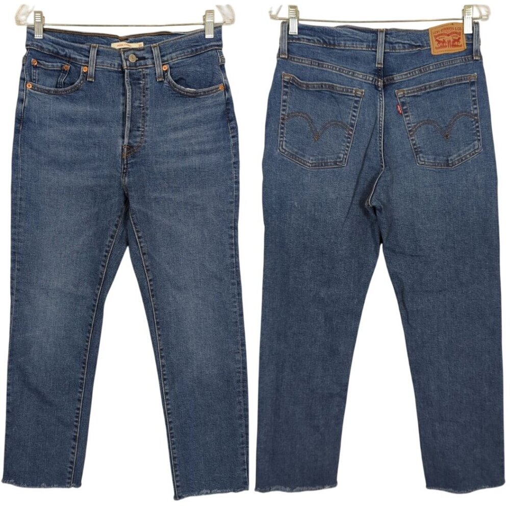 Levis Wedgie Straight Womens Jeans Blue Denim Button Fly Frayed‎ Hem W30 L28